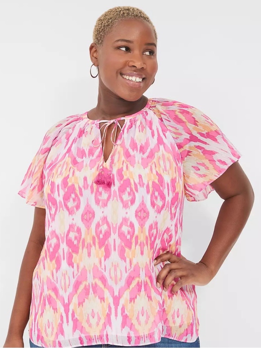 Lane Bryant Pink Tie-Neck Flutter Sleeve Blouse